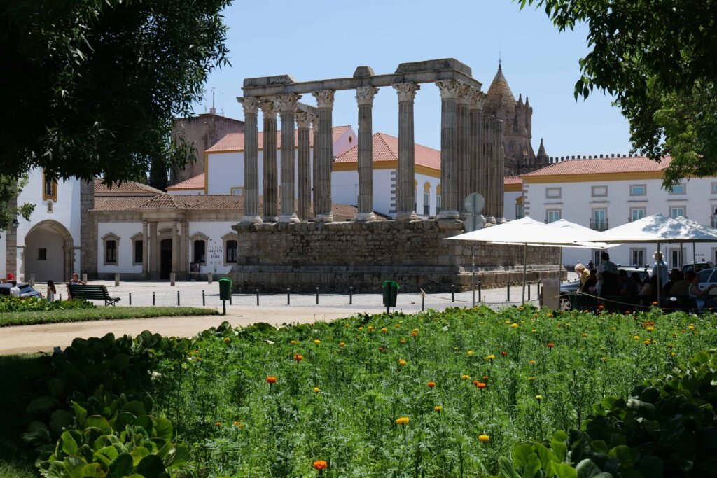 The Roman Temple of Evora from leafy Jardim Diana