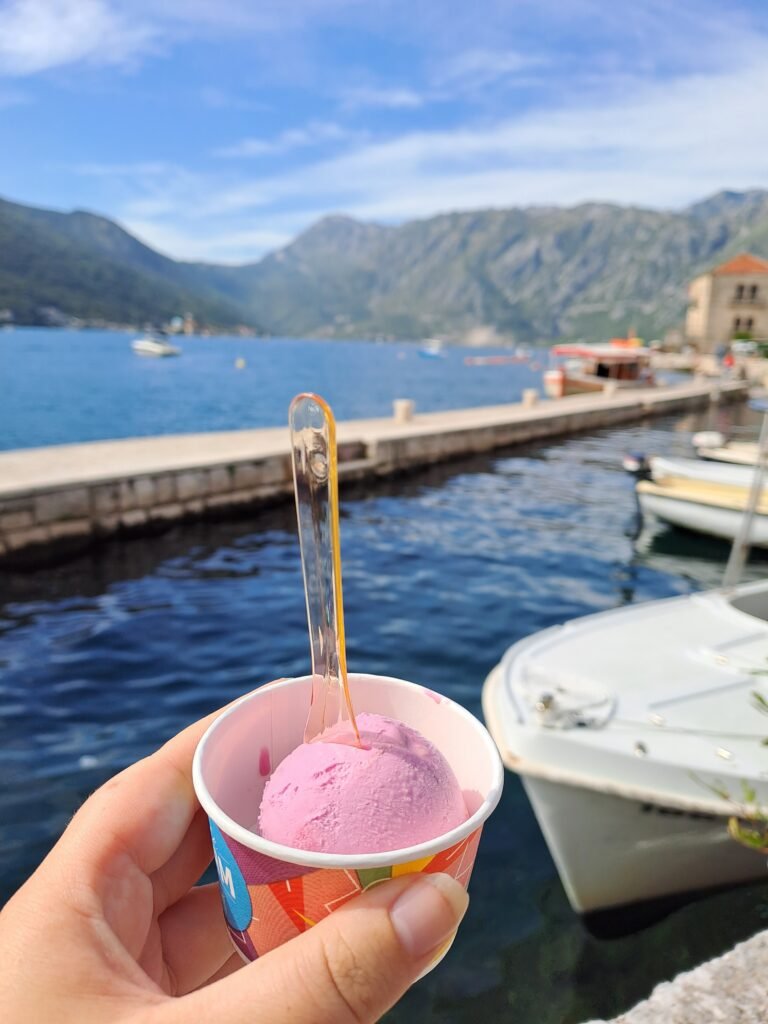 Relaxing in Perast with raspberry ice cream!