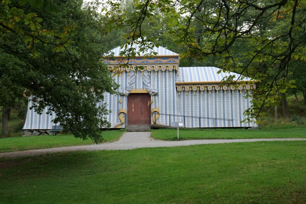 The blue and white striped Guards Tent is also nearby