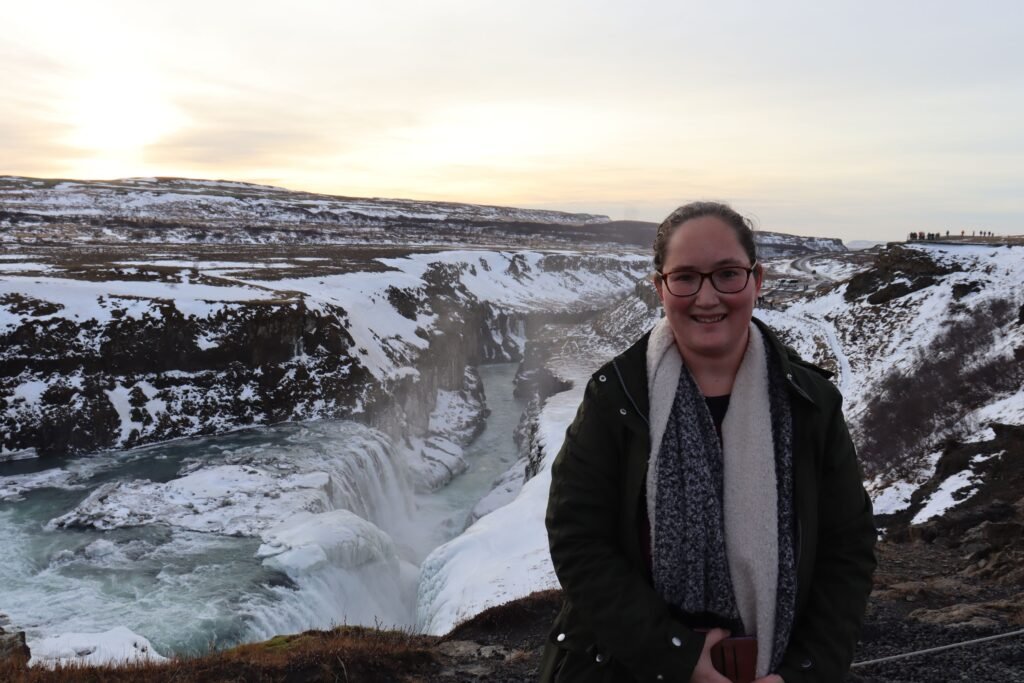Wearing my best waterproof coat and layers for a photo by Gulfoss Waterfall