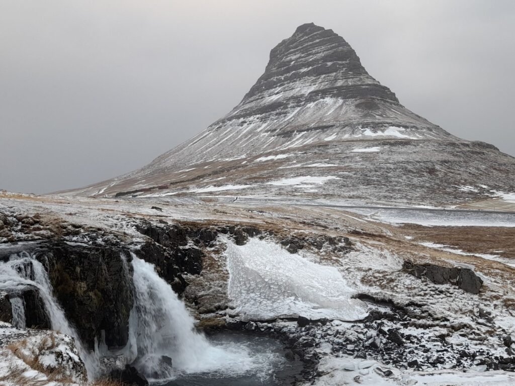 Kirkjufell Mountain in winter, with its twin waterfalls!