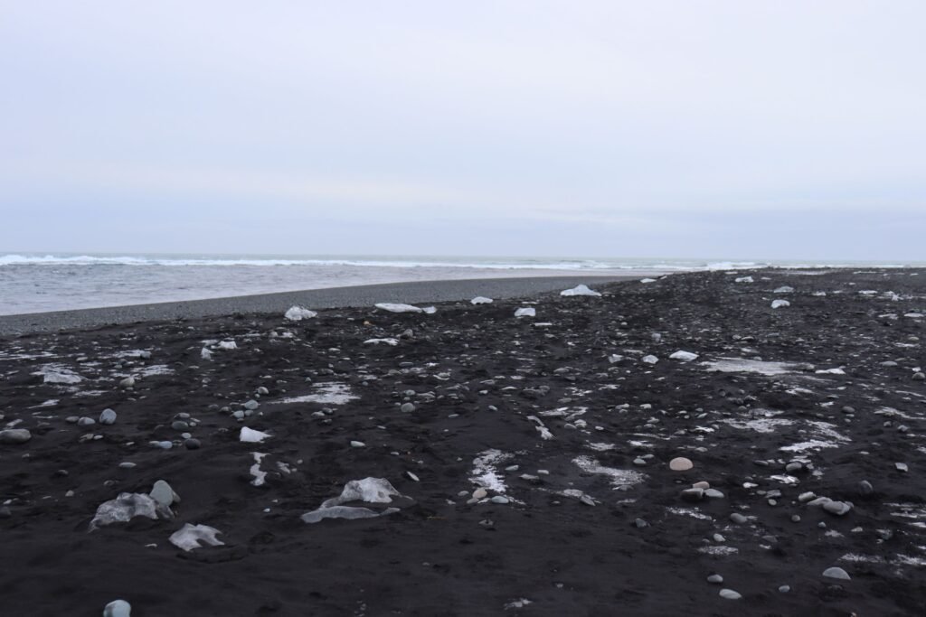 Walking along Diamond Beach in Iceland