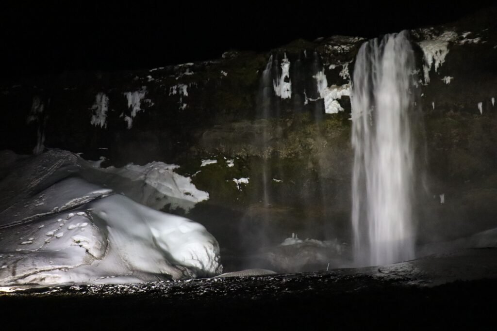 Seljalandsfoss Falls, lit up at night!