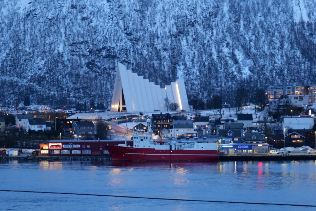 The Arctic Cathedral, starting to light up as the sun goes down!