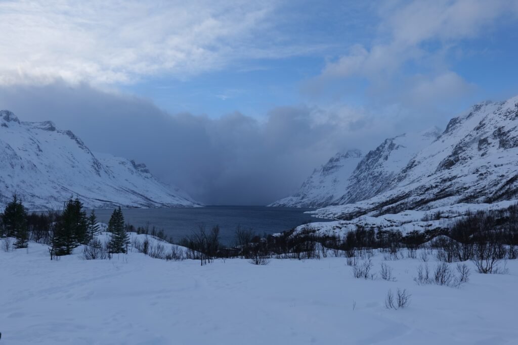 Revisiting Ersfjord thanks to our amazing guide, to get better photos! (Yes, that is a snow storm coming straight towards us - we outdrove it!)