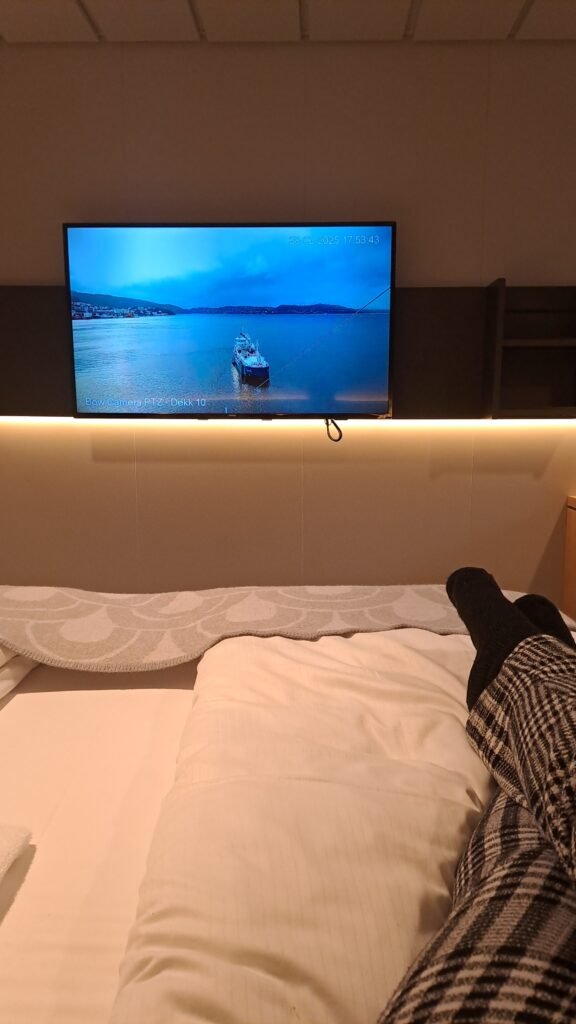 Relaxing in my Seaview cabin, with bow cam on the TV and looking out the window!
