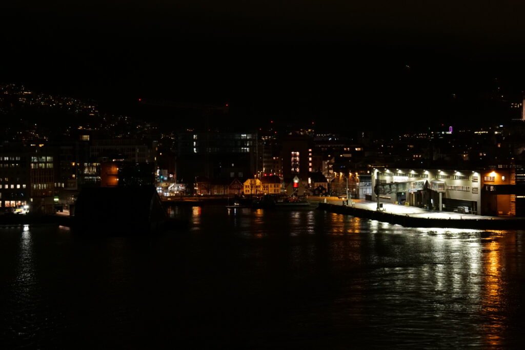 Sailing away from beautiful Bergen on the first night of the Norway Coastal Express in winter!