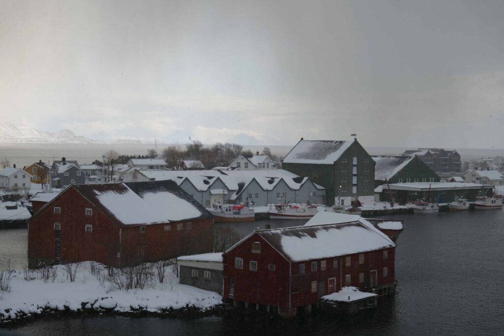 A hailstorm rolling over Svolvaer's cute harbourside buildings!