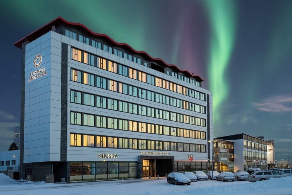 Further from the main light pollution, the Northern Lights shine over Reykjavik Lights hotel! (Photo: Expedia)