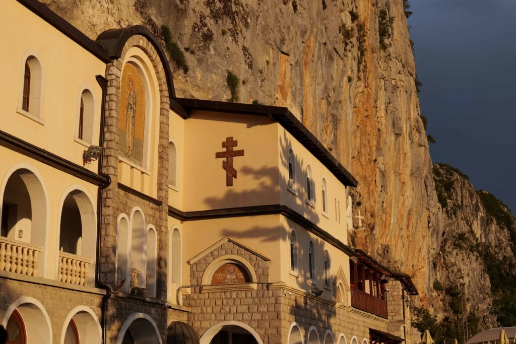 We had sunny weather for most of the day, but black skies and a chill in the air in the early evening at Ostrog Monastery - so layers are really important!