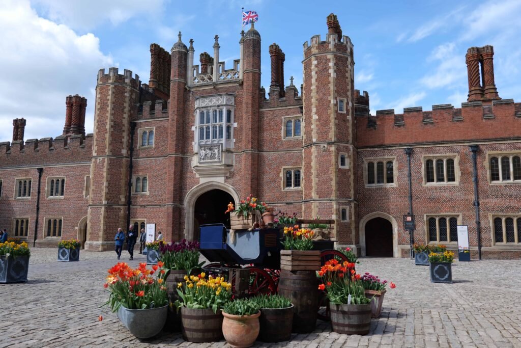 Hampton Court's famous courtyard, blooming with tulip displays!