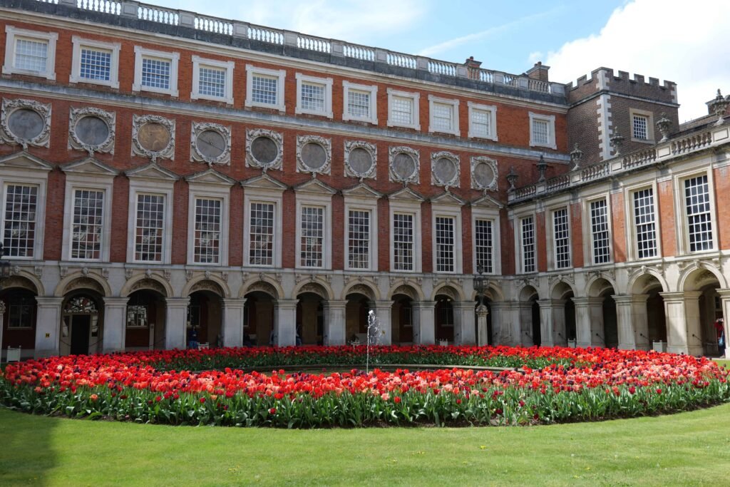 A wider angle of the Fountain Court tulip display