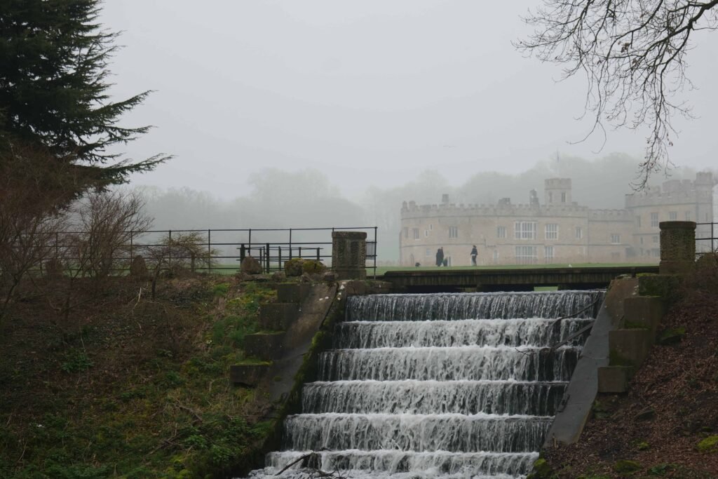 A misty Leeds Castle in March, from the Wood Garden